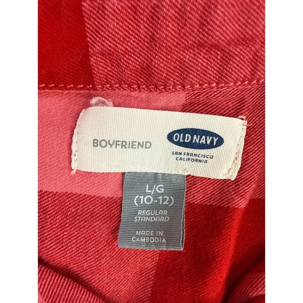 Old‎ Navy Red Pink Buffalo Plaid Boyfriend Button Down Shirt Girls Large 10-12
